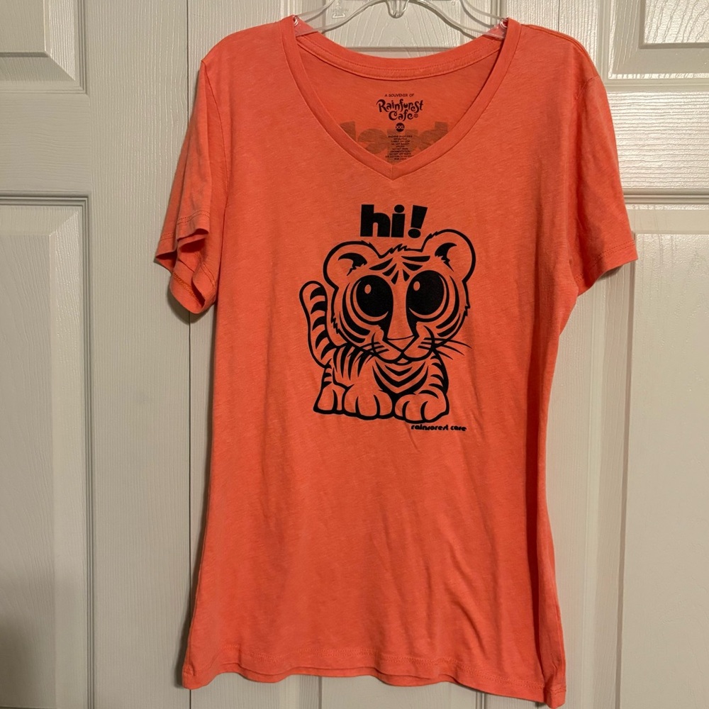 Rainforest Cafe orange Tshirt Tiger Hi Bye Youth XXL 19 in pit2pit.
